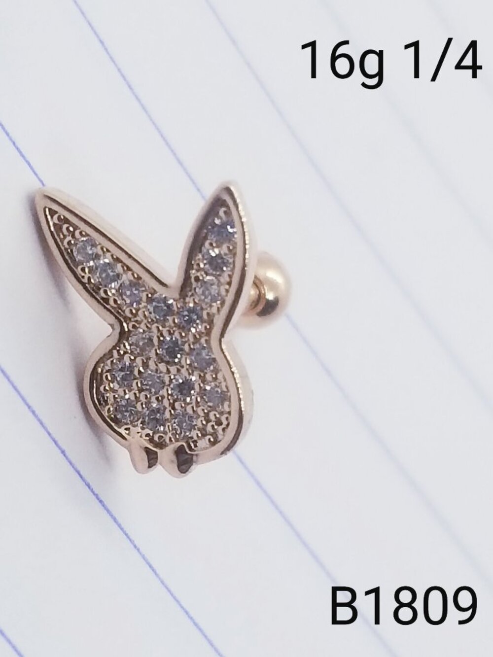 16g Rose Gold CZ Playboy Bunny 1/4 Cartilage Barbell Ring B1809